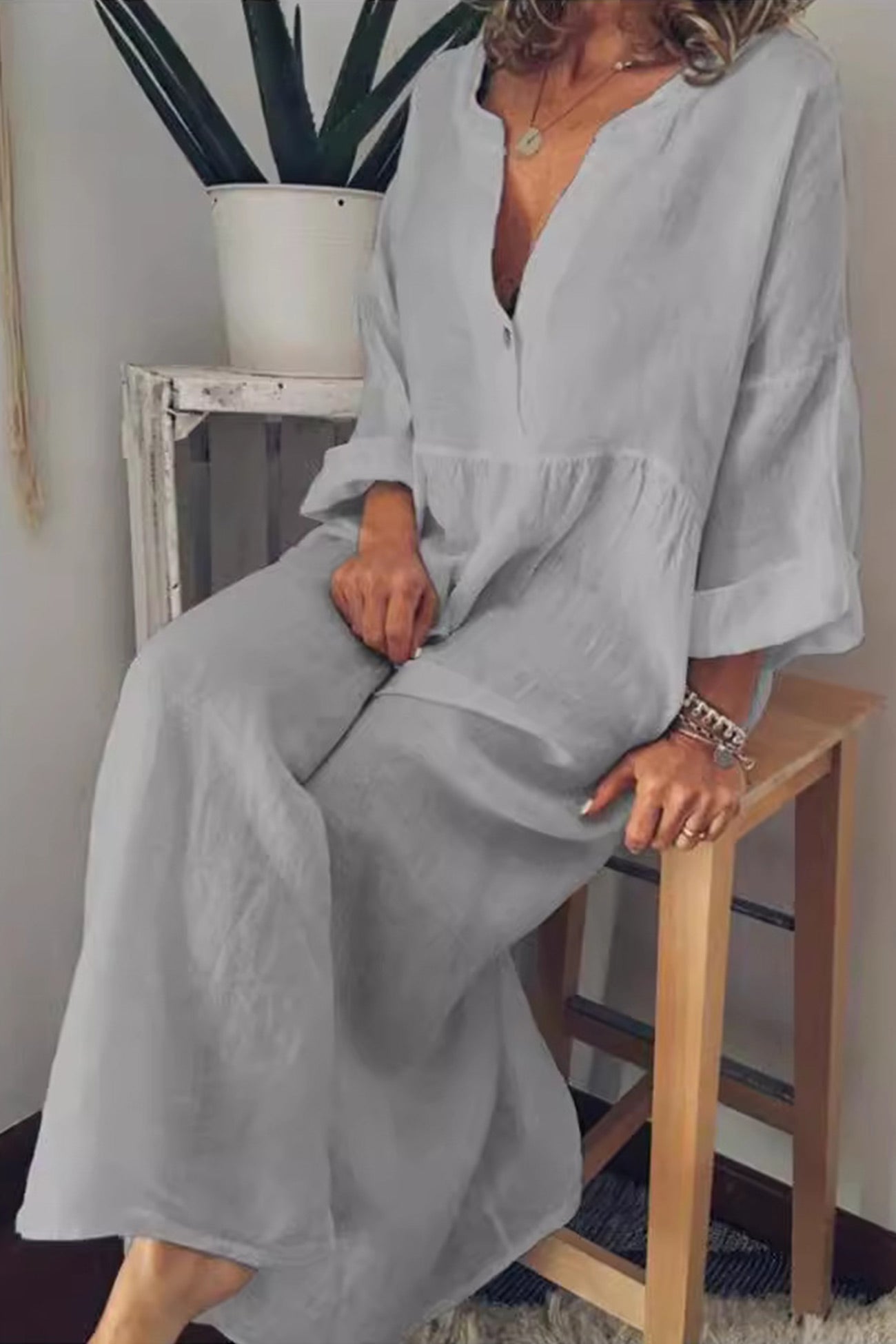 Cotton Linen V Neck Large Hem Dress - Fashionpara