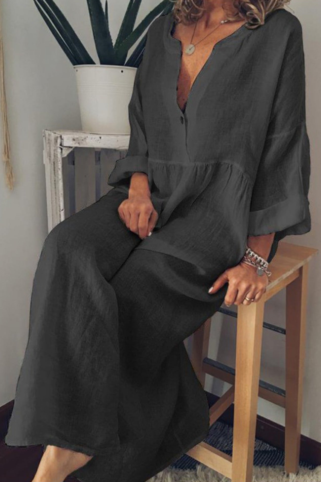 Cotton Linen V Neck Large Hem Dress - Fashionpara