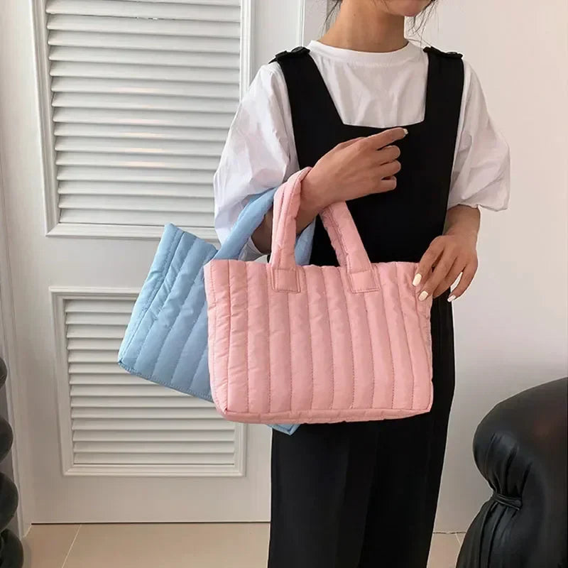 Cotton Padded Quilted Solid Color Commuter Handbag