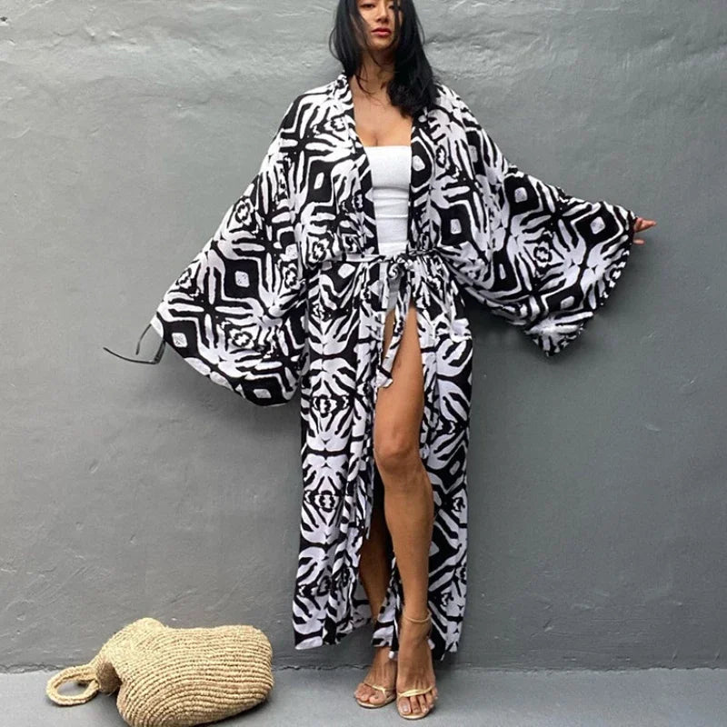 Cotton Rayon Printed Self Belted Maxi Boho Cover up