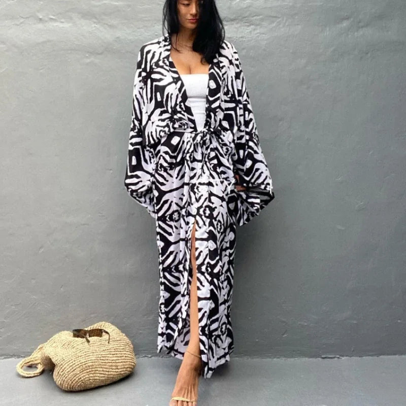 Cotton Rayon Printed Self Belted Maxi Boho Cover up