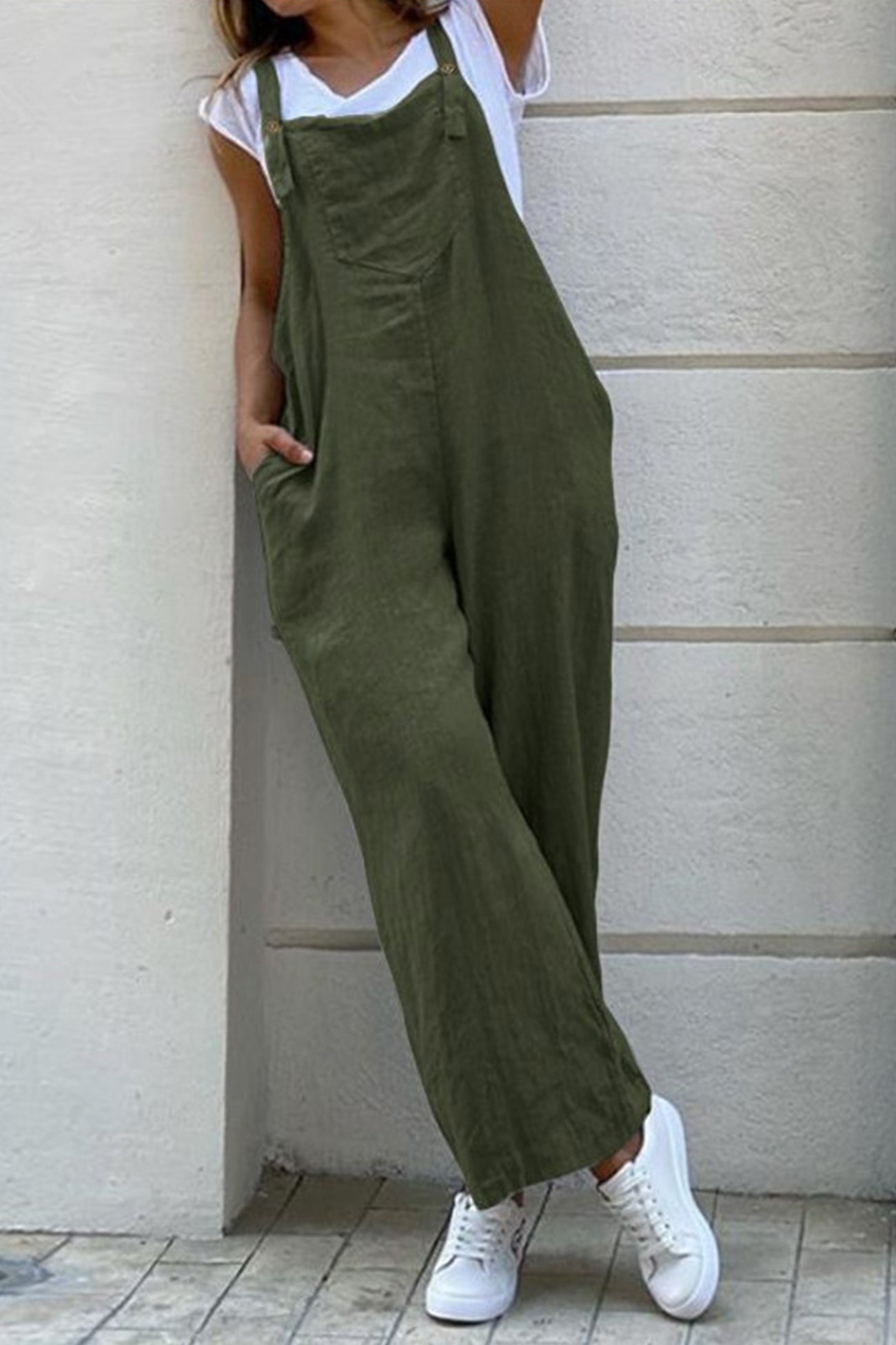 Cotton Solid Button-down Overalls - Fashionpara