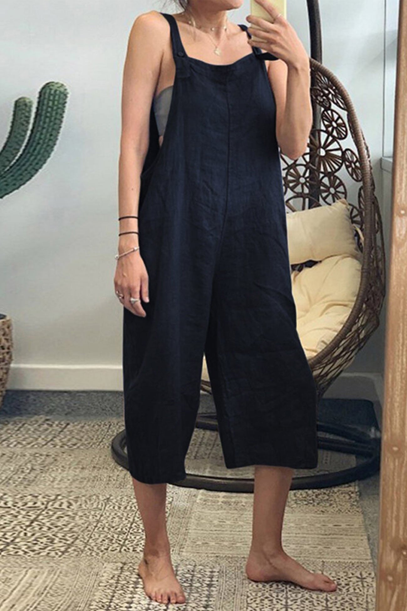 Cotton Solid Cropped Pants Jumpsuits