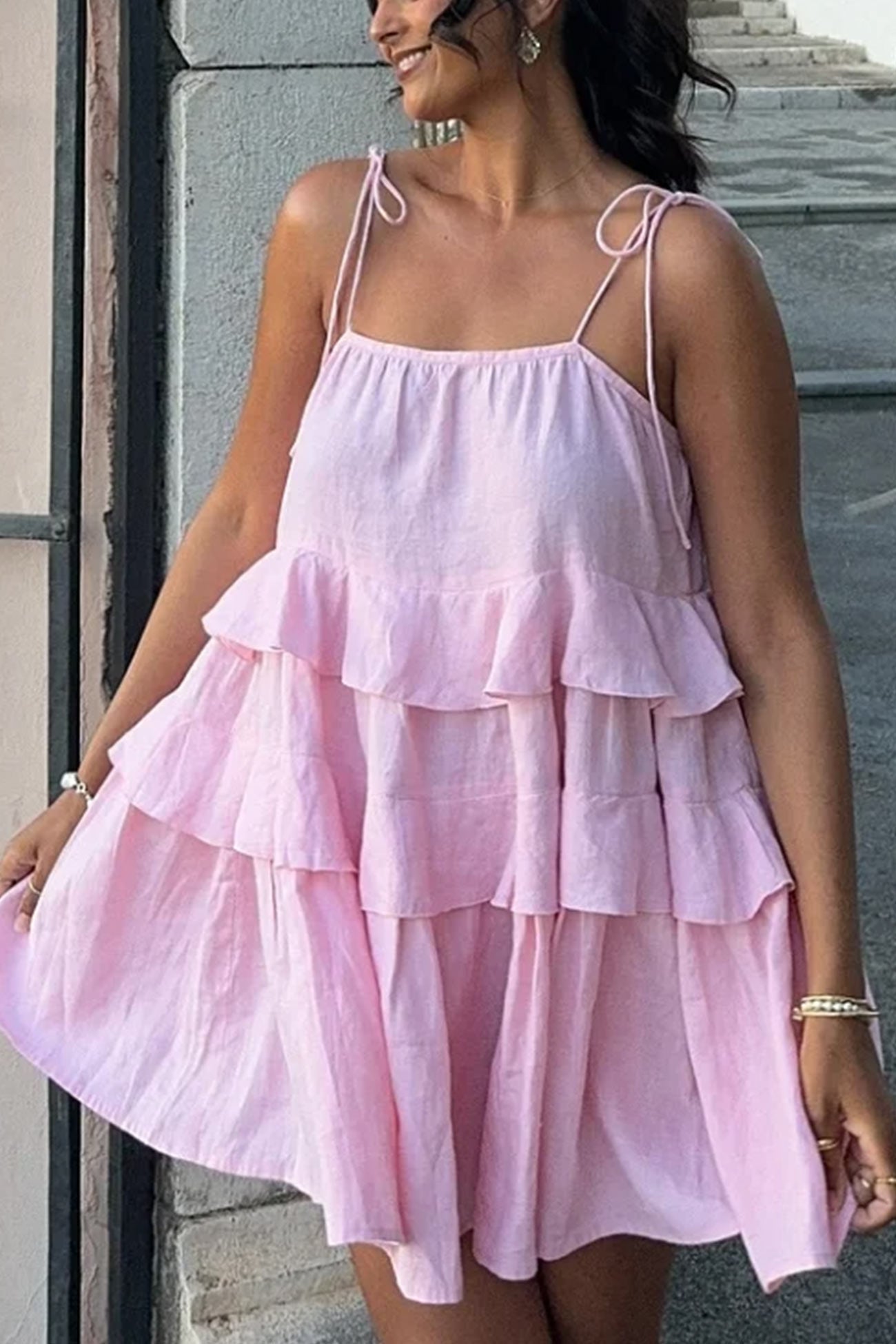 Cotton Tie-straps Tiered Cami Babydoll Dress - Fashionpara