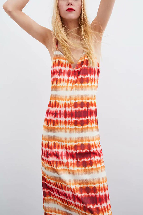 Tie Dye V-neck Spaghetti Straps Dress - Mislish