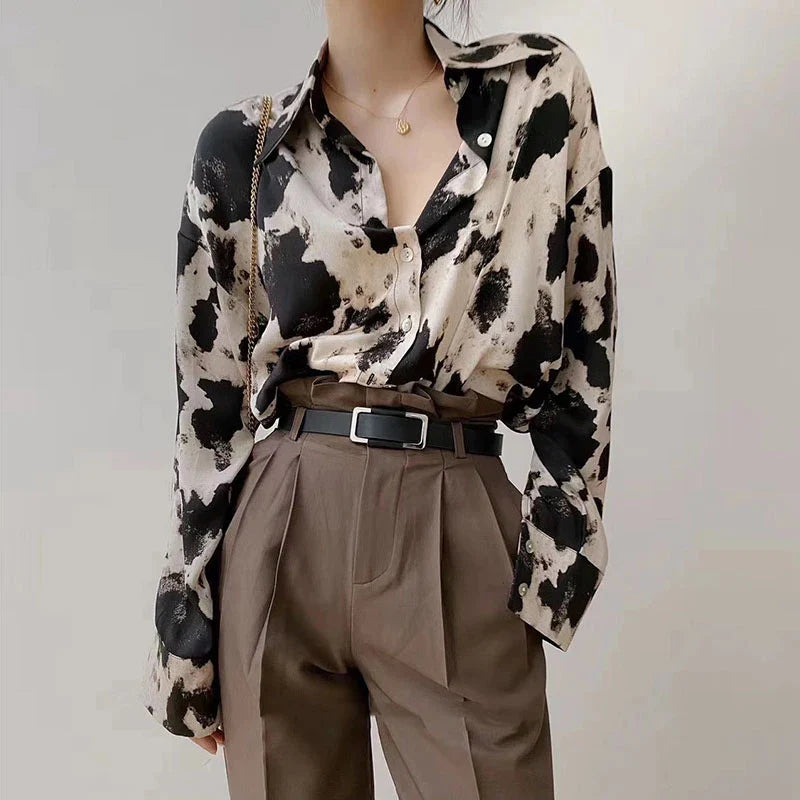 Cow Print Button Up Long Sleeve Blouse