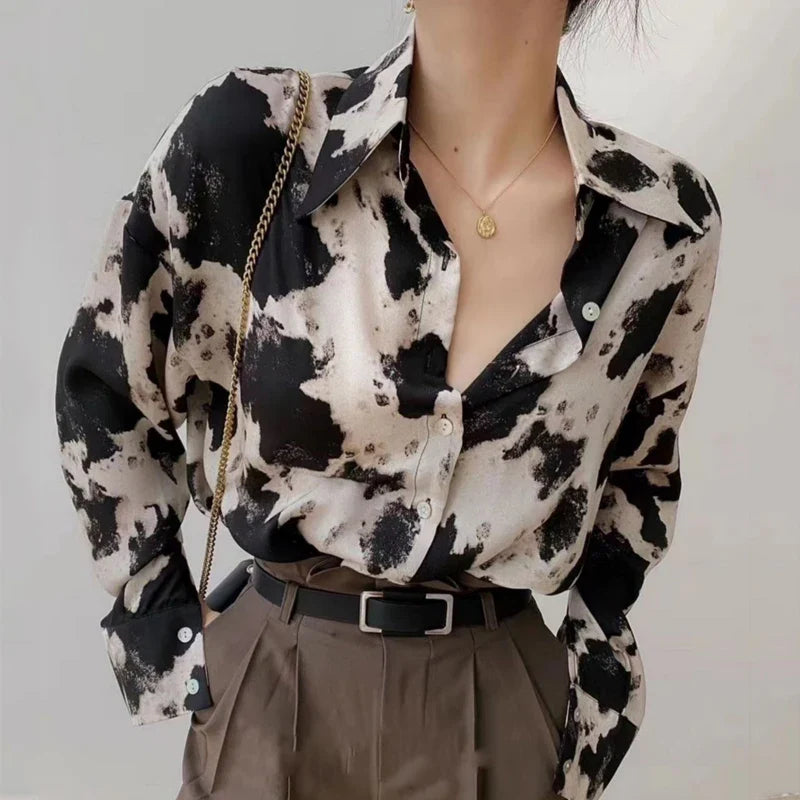 Cow Print Button Up Long Sleeve Blouse