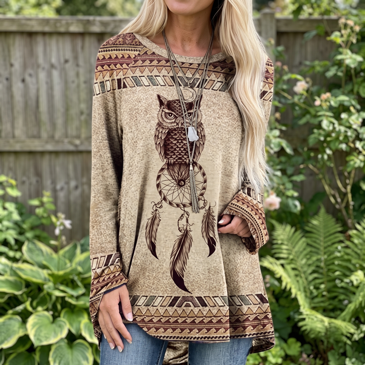 Aztec Print Feather Graphic Round Neck Long Sleeve Tunic Top 7