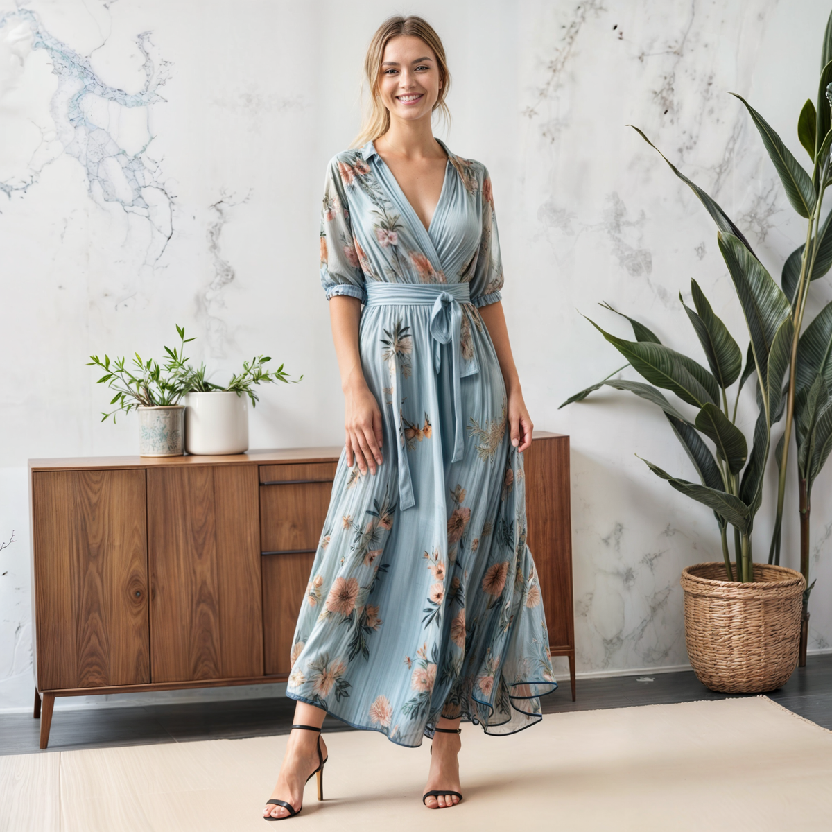 Floral Print Wrap V-Neck Puff Elbow Sleeve Tie Belt Pleated Maxi Dress