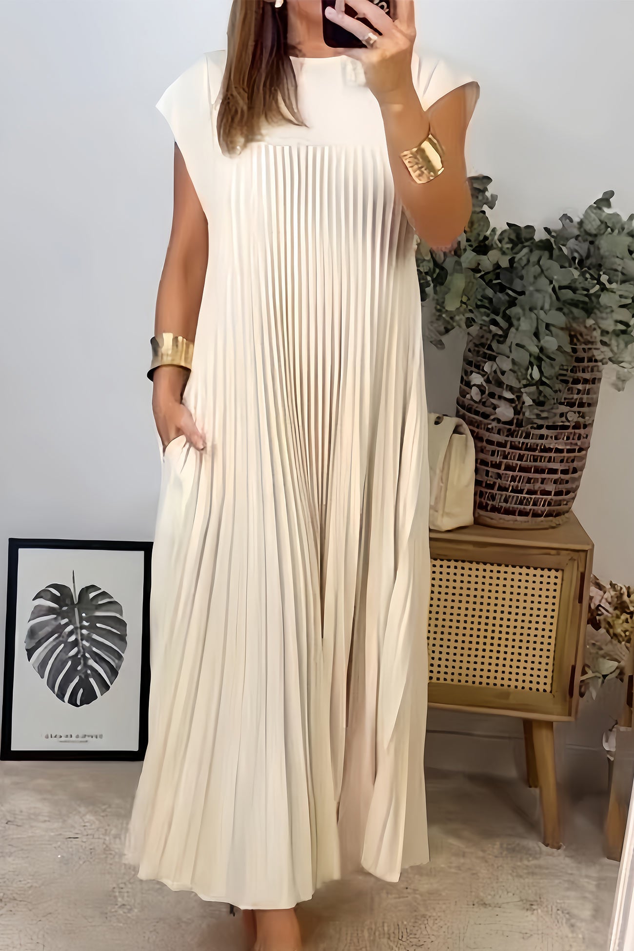 Crew Neck Cap Sleeve Pleated Dress - Fashionpara