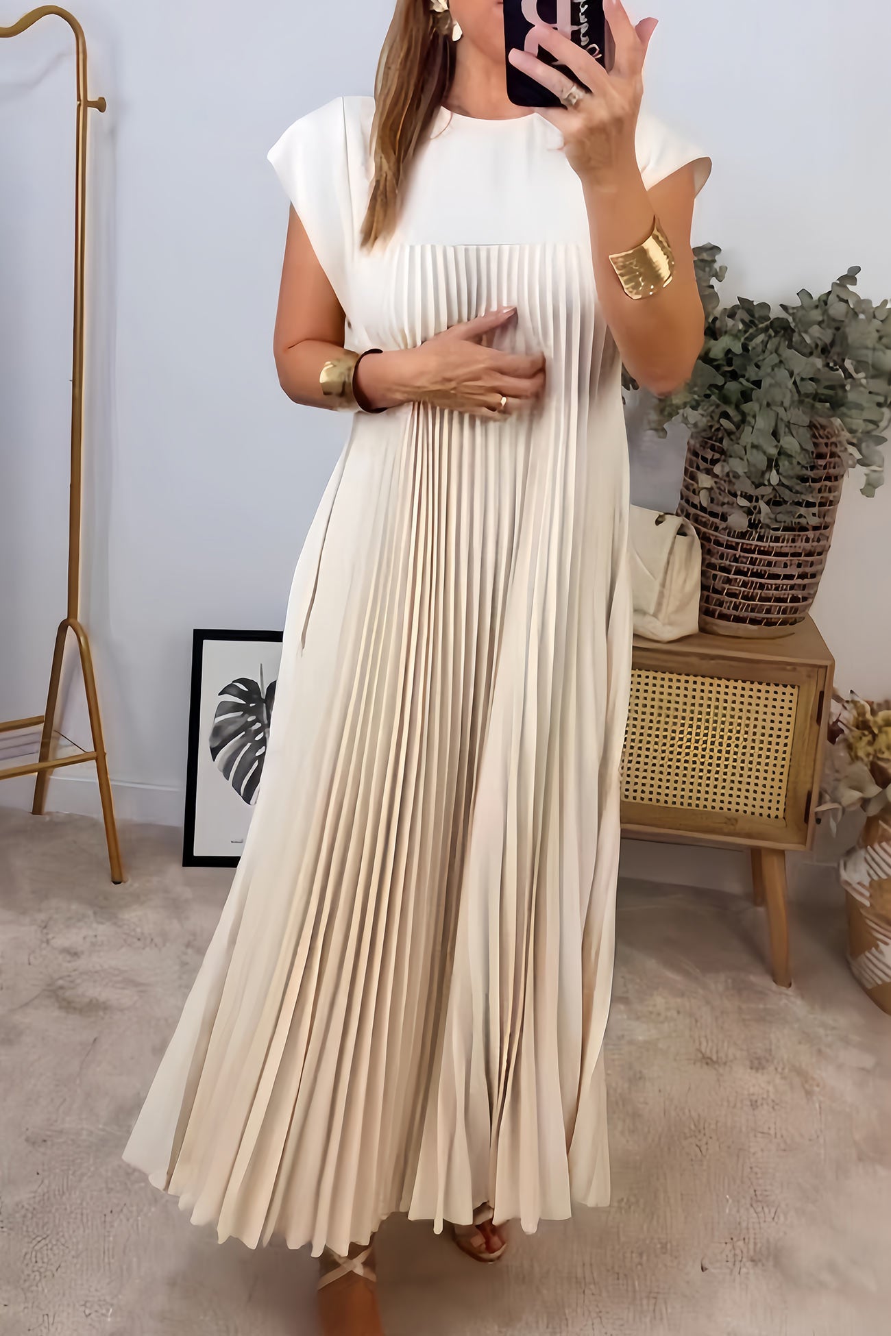 Crew Neck Cap Sleeve Pleated Dress - Fashionpara