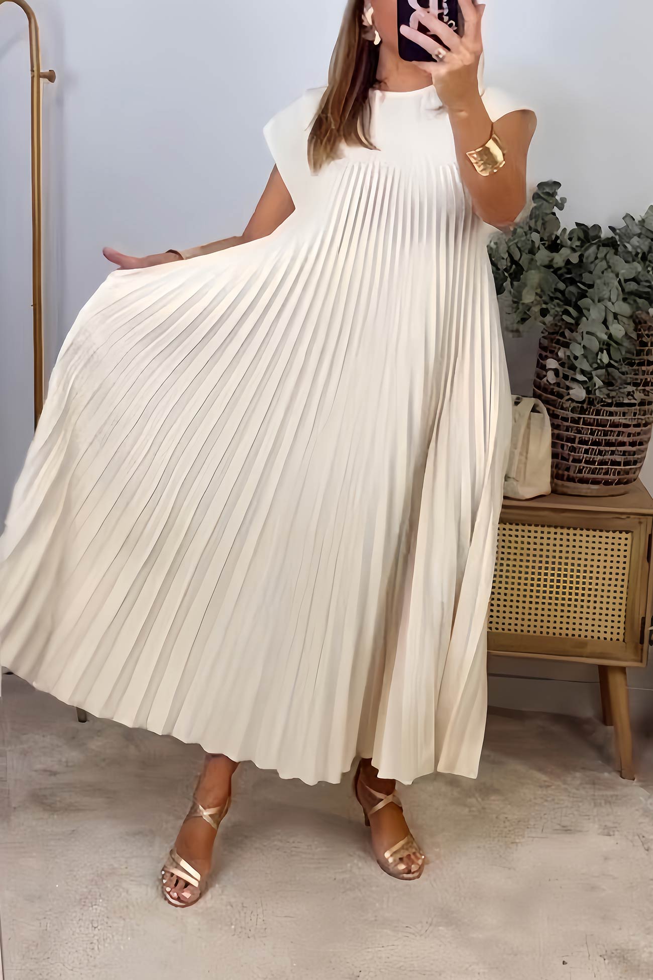 Crew Neck Cap Sleeve Pleated Dress - Fashionpara