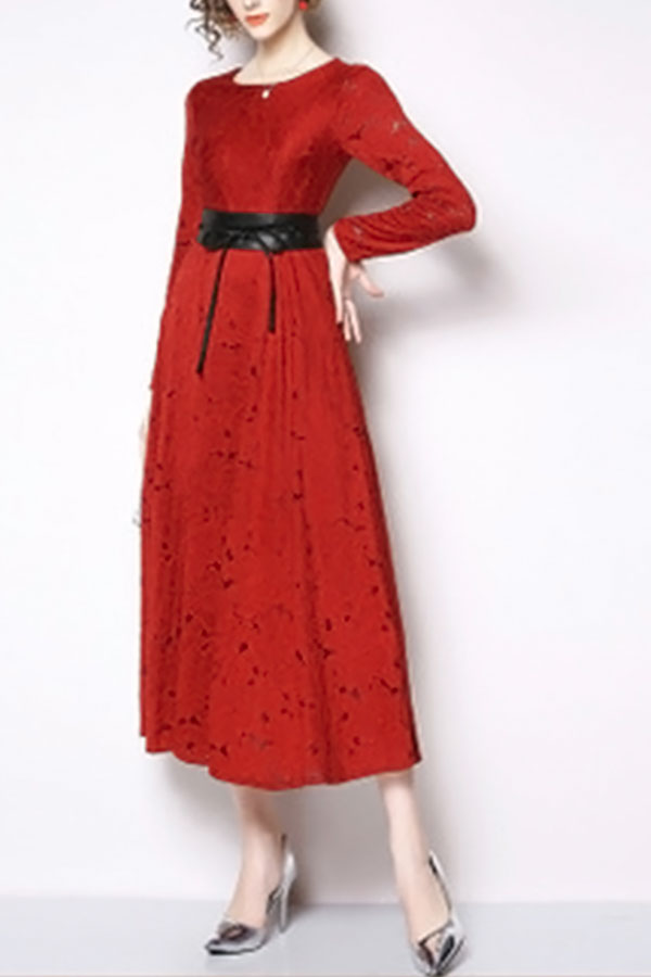 Crochet Eyelet Lace-up Lace Dress - Mislish