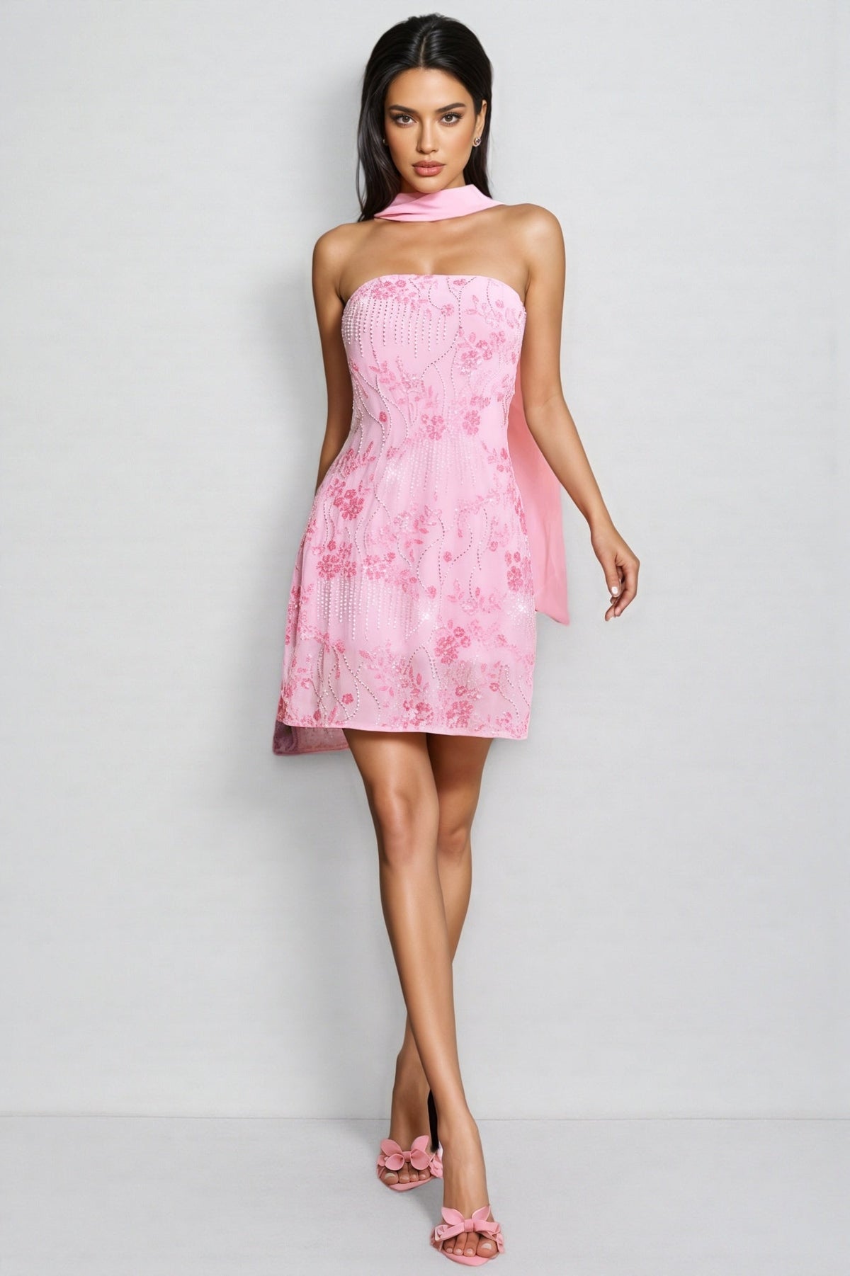 Floral Sequin Strapless Scarf Bodycon Mini Dress