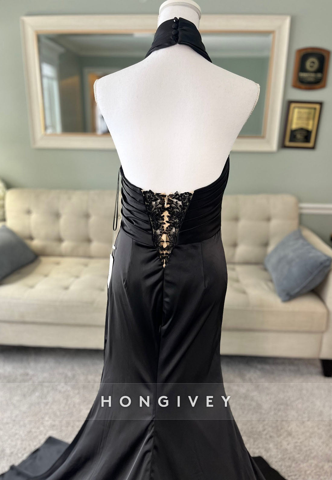 Halter Neck Lace Pleated Open Back Mermaid Black Wedding Dresses with High Slit