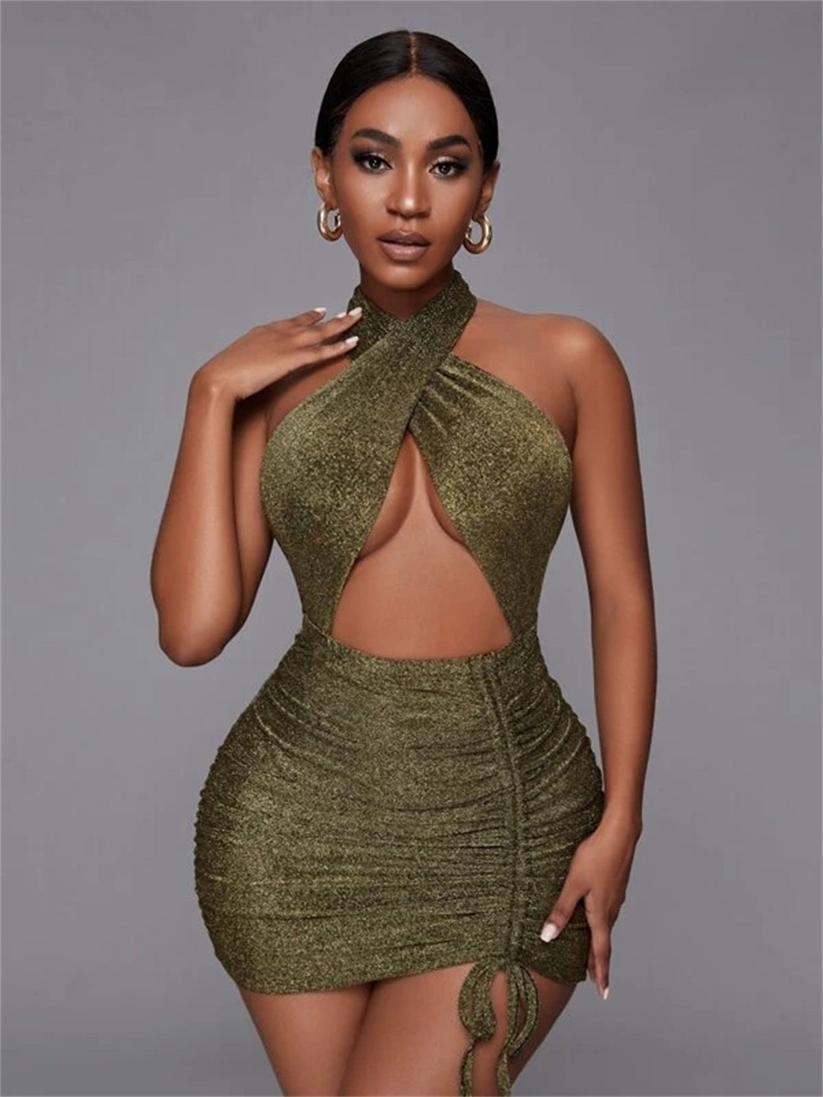 Glitter Halter Neck Cut Out Ruched Bodycon Mini Dress