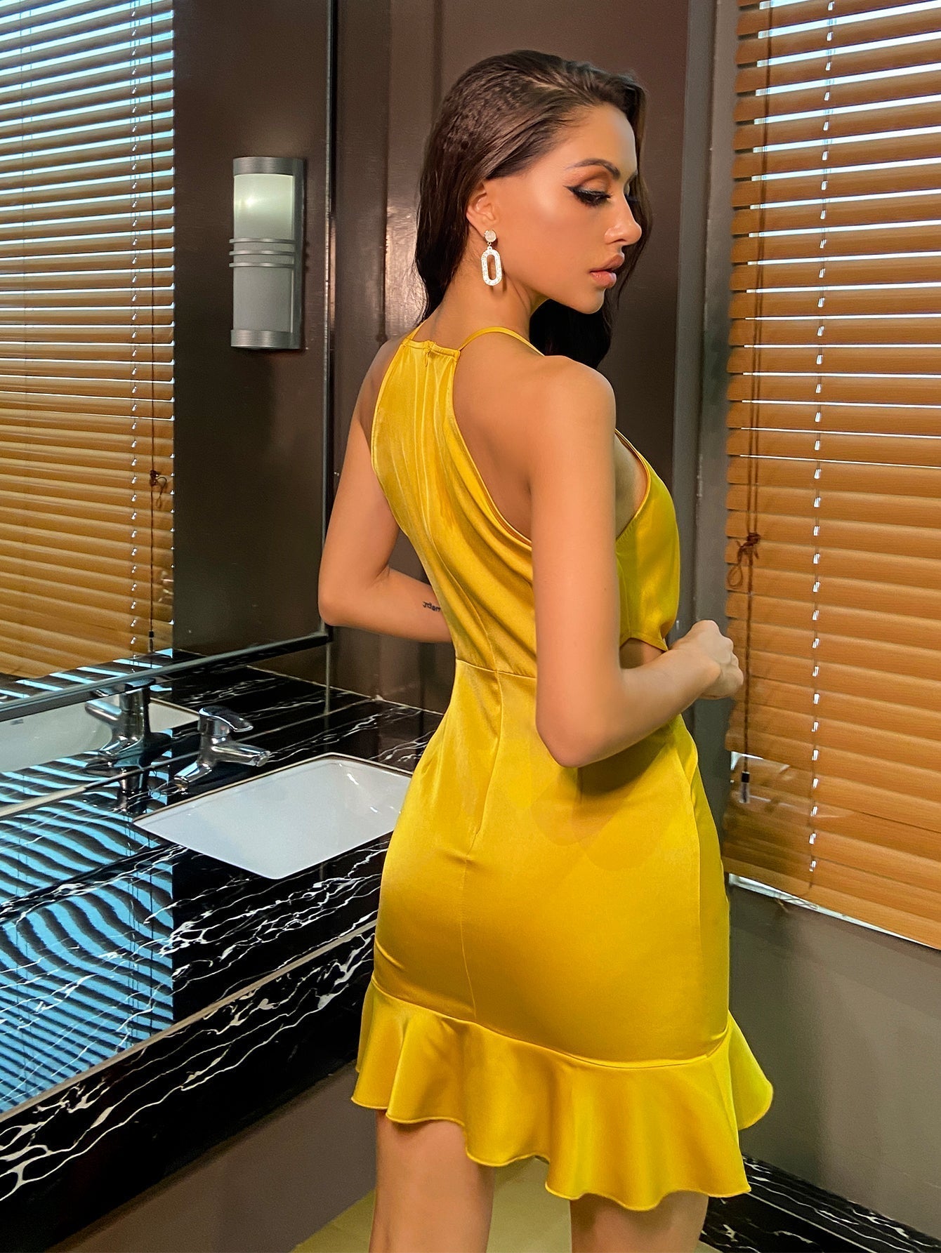 Cut Out Ruffle Hem Ruched super sexy party Satin Dress cami dress - Fashionpara