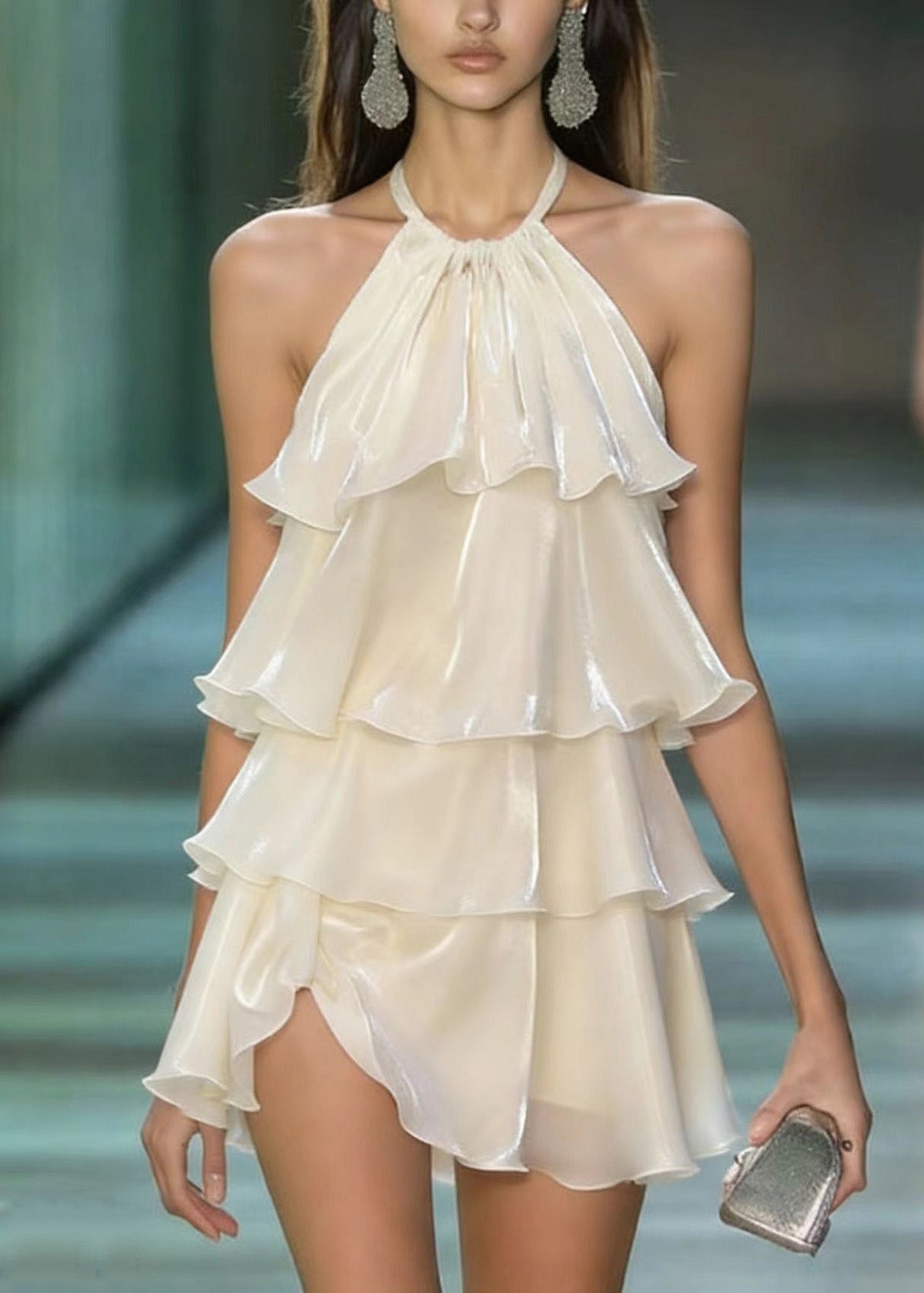 Cute Apricot Layered Ruffled Patchwork Chiffon Mini Dresses Summer - View 3