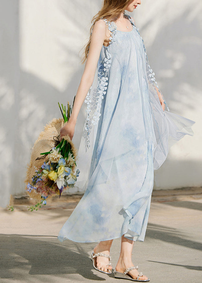 Square Neck Spaghetti Strap Floral Applique Flowy Maxi Dress - View 4