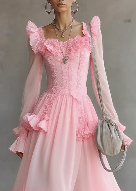 Cute Pink Square Collar Ruffled Patchwork Tulle Maxi Dress - View 2