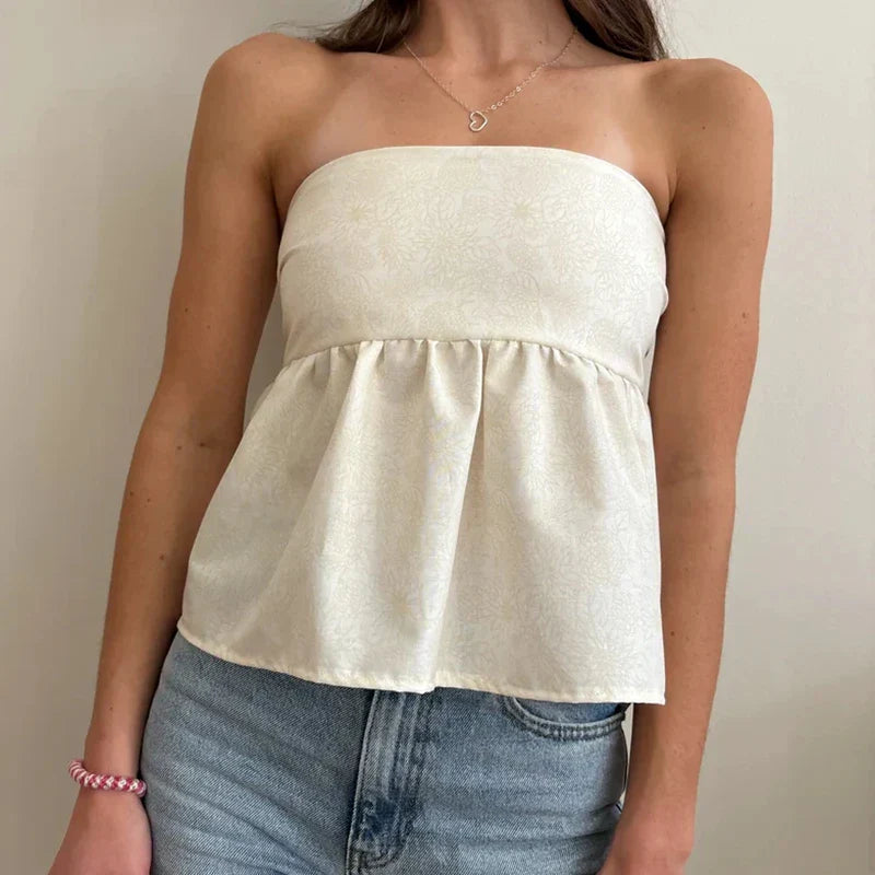Cute Summer Floral Strapless Bandeau 00s Backless Tie Up Bodydoll Y2K Crop Top