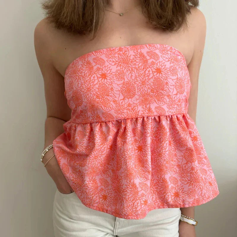 Cute Summer Floral Strapless Bandeau 00s Backless Tie Up Bodydoll Y2K Crop Top