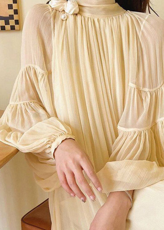 Chiffon Crinkled Mock Neck Lantern Sleeve Pearl Rosette Maxi Gown - View 5