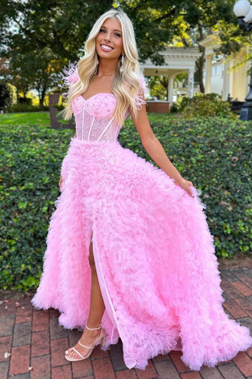 Cute A-Line Feather Straps Long Ruffle Prom Dress With Split - Fashionpara