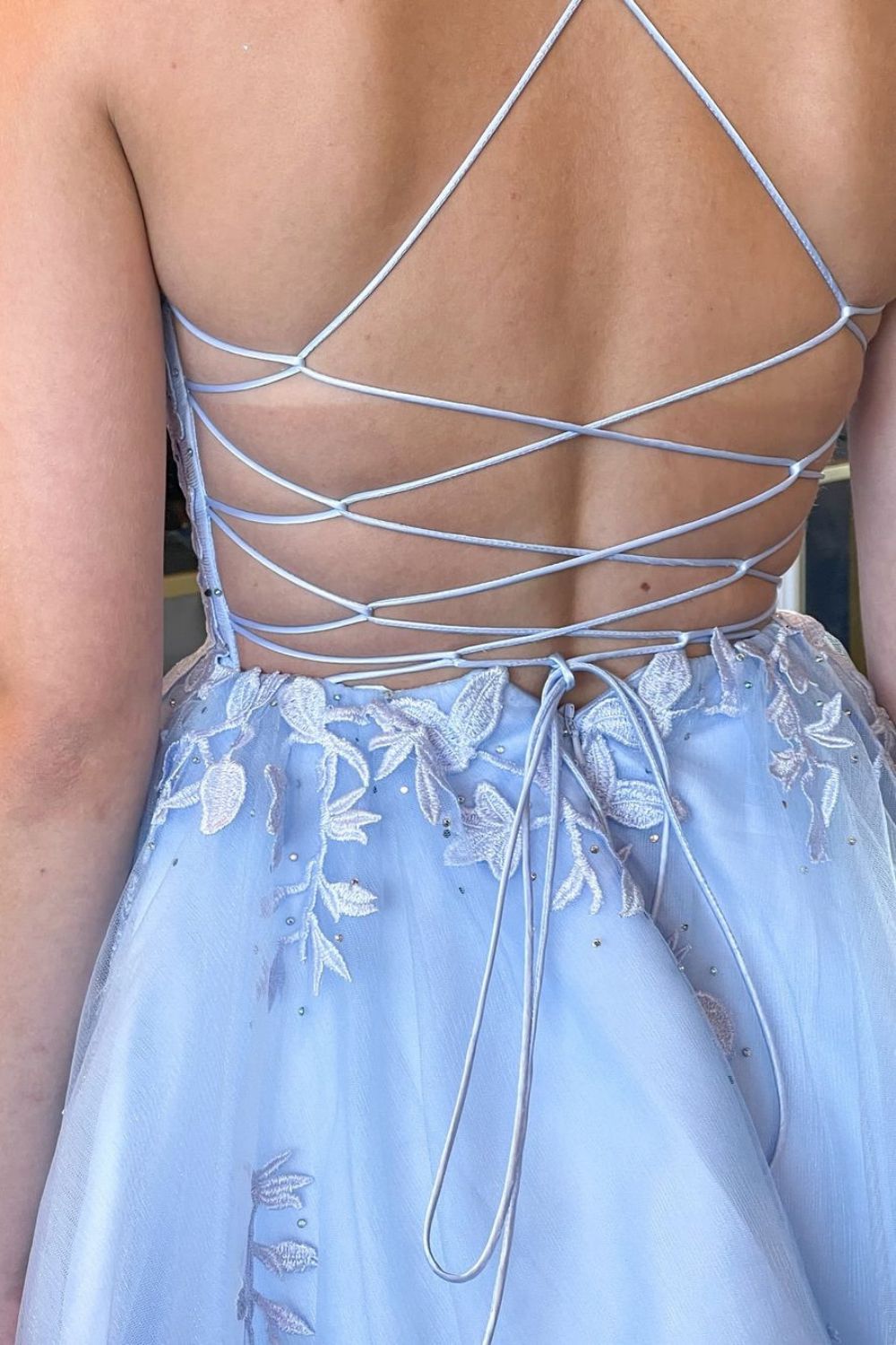 Cute A-Line Light Blue Spaghetti Straps Lace Up Tulle Homecoming Dress