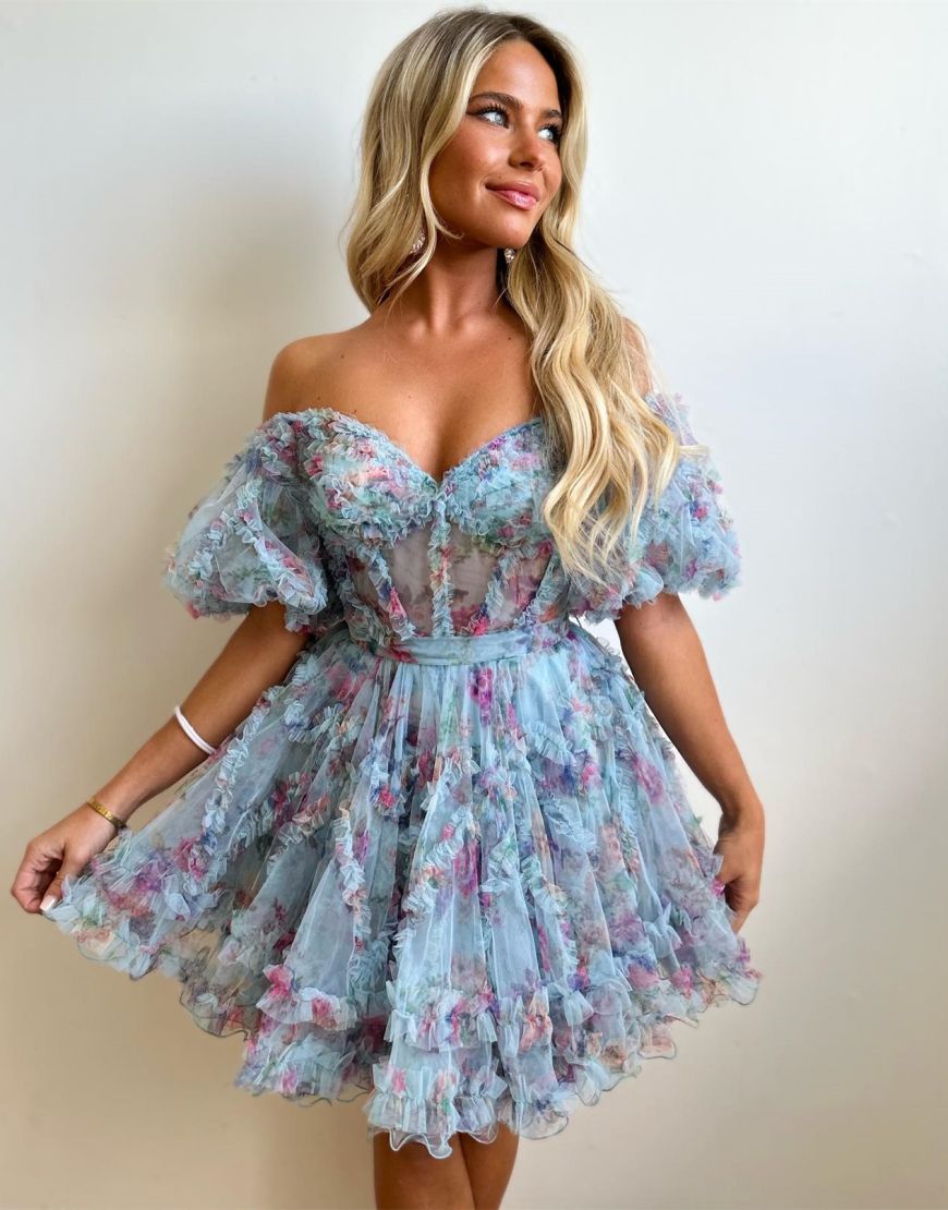 Cute A-Line Off The Shoulder Short Tulle Print Homecoming Dress - Fashionpara