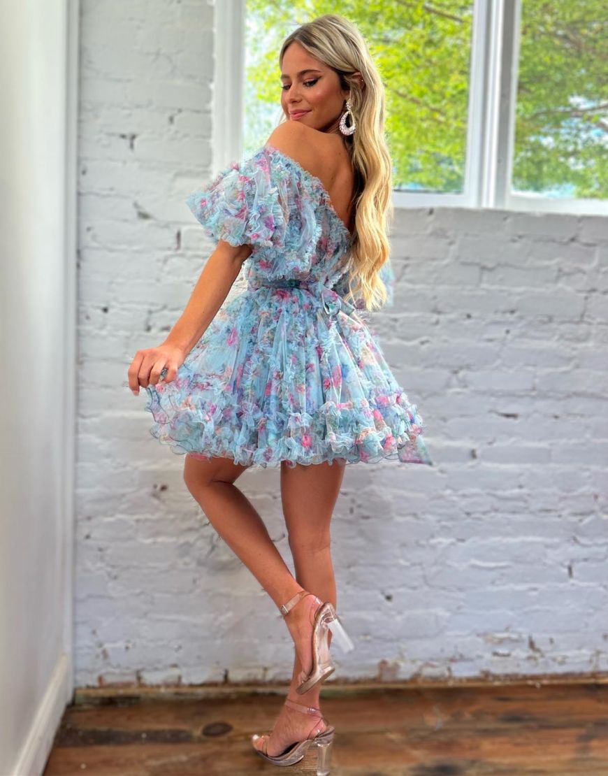 Cute A-Line Off The Shoulder Short Tulle Print Homecoming Dress - Fashionpara