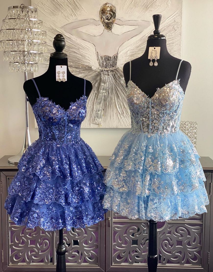 Cute A-Line Spaghetti Straps Short Layered Glitter Homecoming Dress - Fashionpara
