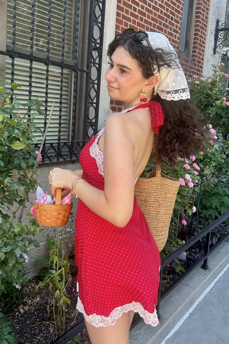 Cute A Line Halter Neck Red Polka Dots Short Homecoming Dress with Lace