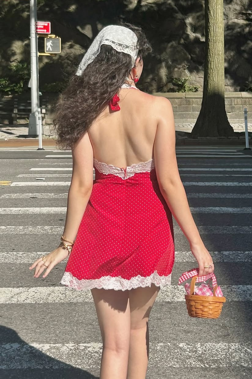Cute A Line Halter Neck Red Polka Dots Short Homecoming Dress with Lace