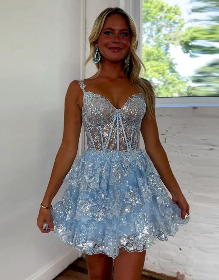 Cute Glitter A-Line Straps Zipper Back Tiered Homecoming Dress - Fashionpara