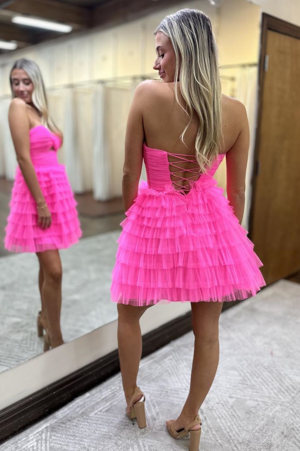Cute Pink A-Line Sweetheart Lace Up Short Tulle Homecoming Dress - Fashionpara