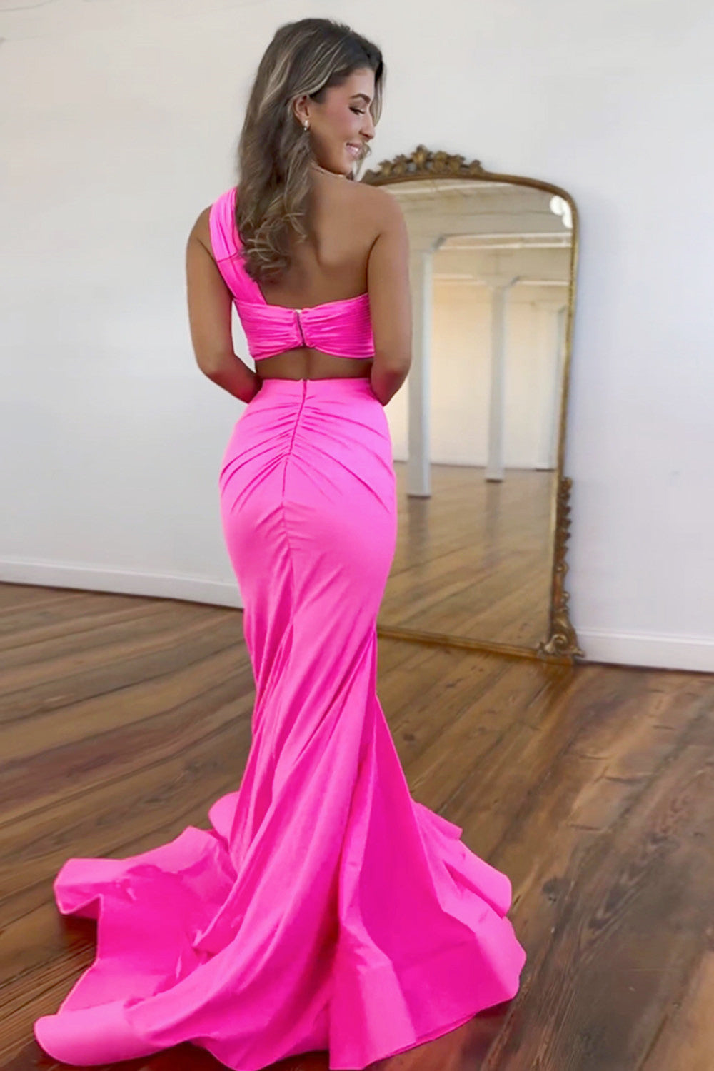 Hot Pink Satin Mermaid One Shoulder Cutout Waist Long Prom Dress