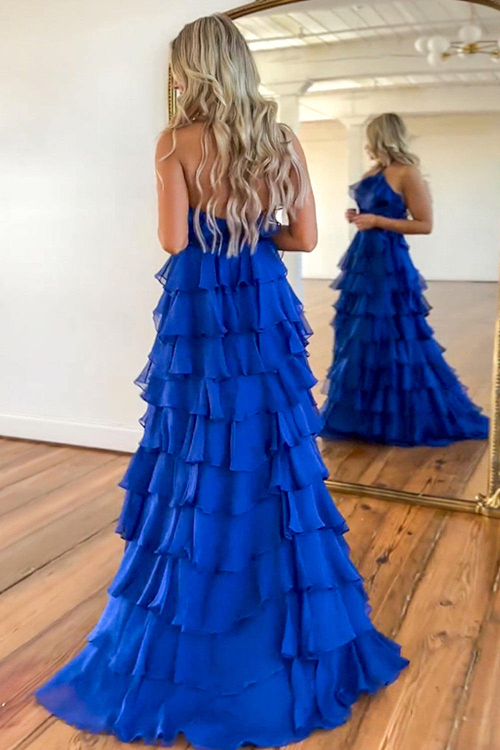 Cute Royal Blue A-Line Halter Neck Long Tiered Prom Dress with Slit