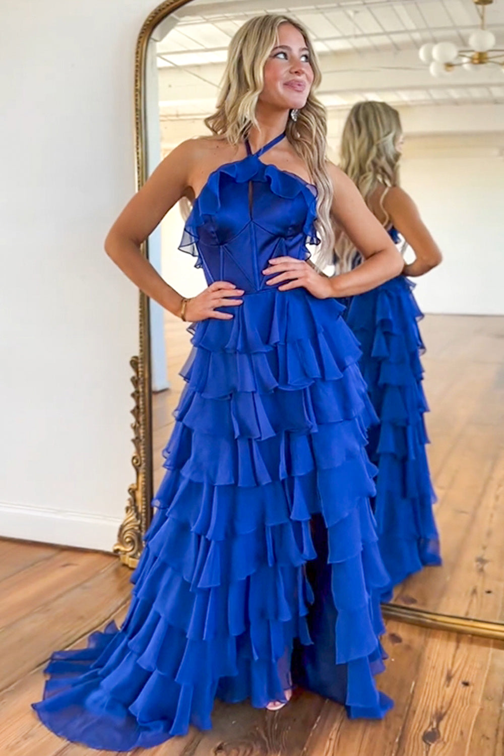 Cute Royal Blue A-Line Halter Neck Long Tiered Prom Dress with Slit