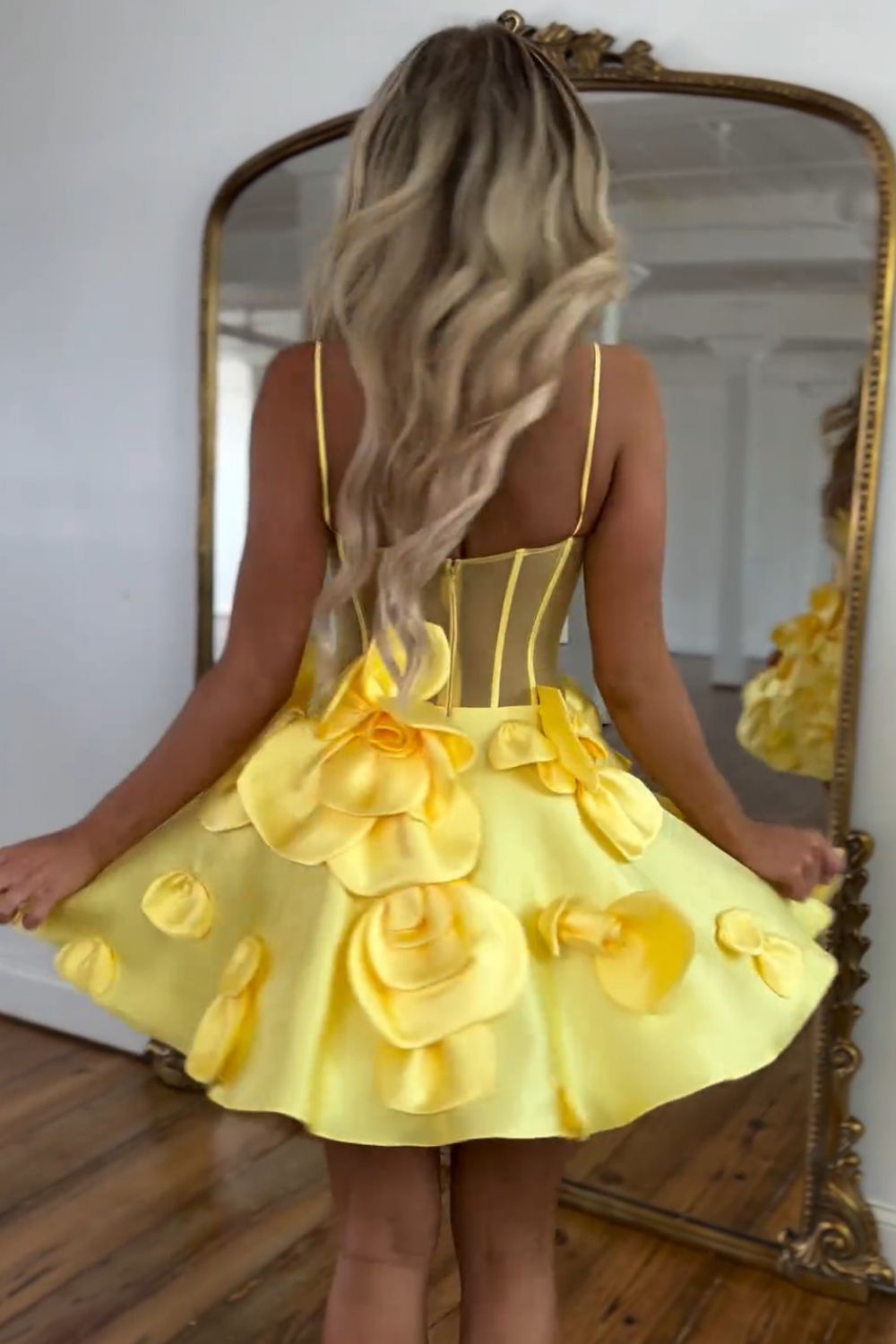 Cute A-Line Spaghetti Straps Short Satin Homecoming Dress With Flowers