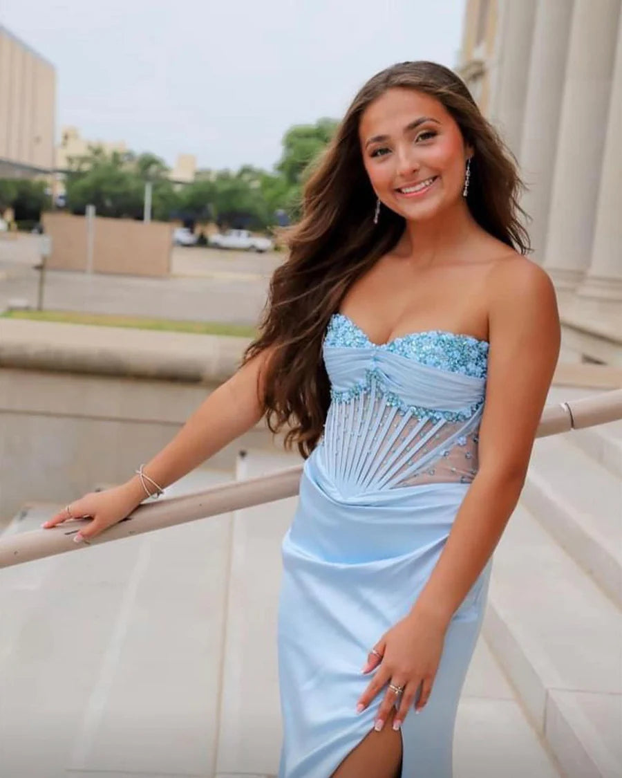 Spaghetti Straps Sweetheart Seeleveless Sheath High Split Pleated Satin Prom Dress with Beads Evening Dress