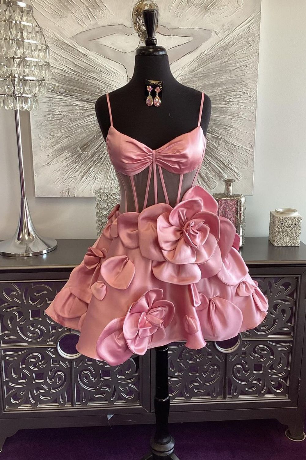 Cute A-Line Spaghetti Straps Short Satin Homecoming Dress With Flowers