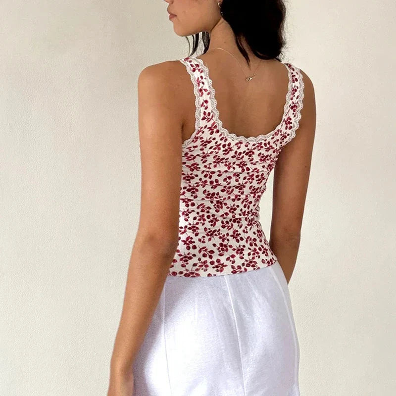 Lace Trim Slim Fit Y2K Summer Floral Sleeveless Casual Basic Crop Top