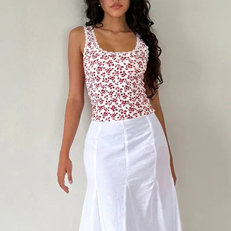 Lace Trim Slim Fit Y2K Summer Floral Sleeveless Casual Basic Crop Top