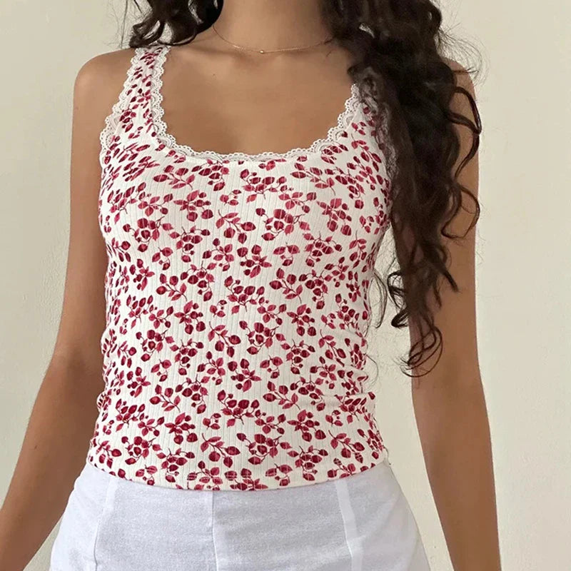 Lace Trim Slim Fit Y2K Summer Floral Sleeveless Casual Basic Crop Top