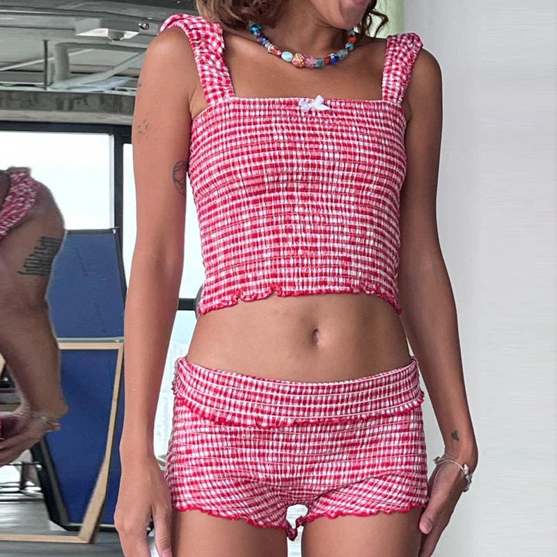 Plaid Matching Cropped Tank High Waist Shorts Two Pieces Set