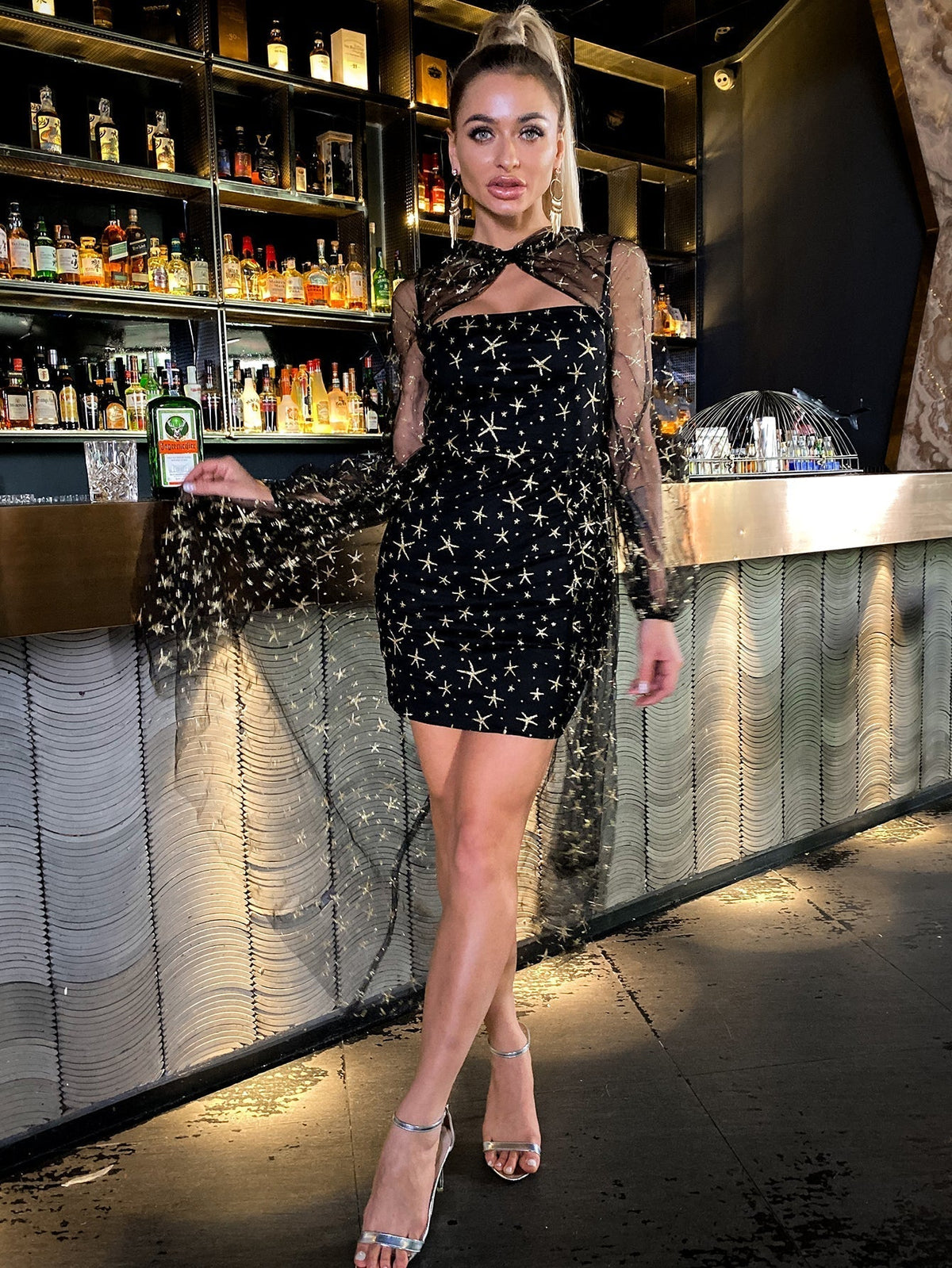 KittenAlarm - Cutout Front Star Mesh Overlay Asymmetric fashion design Dress