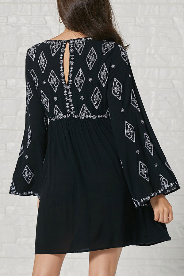 Black Cutout Back Embroidered Mini Dress