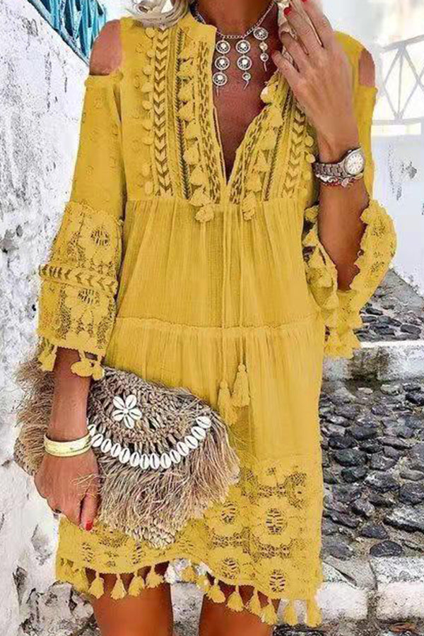 Cutout Shoulder Lace Tasseled Short Dress