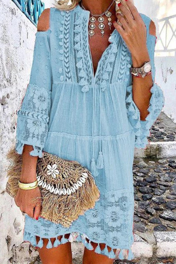 Cutout Shoulder Lace Tasseled Short Dress